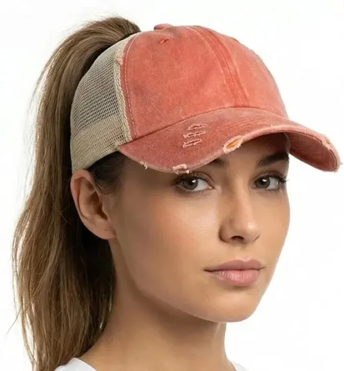Distressed Ponytail Mesh Trucker Cap