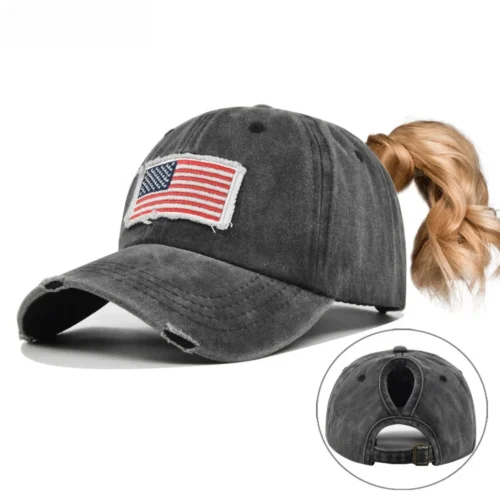 Distressed American Flag Ponytail Cap