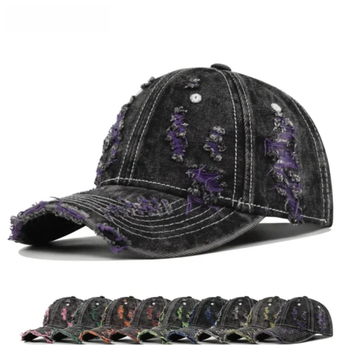 Color-Trim Distressed Denim Cap